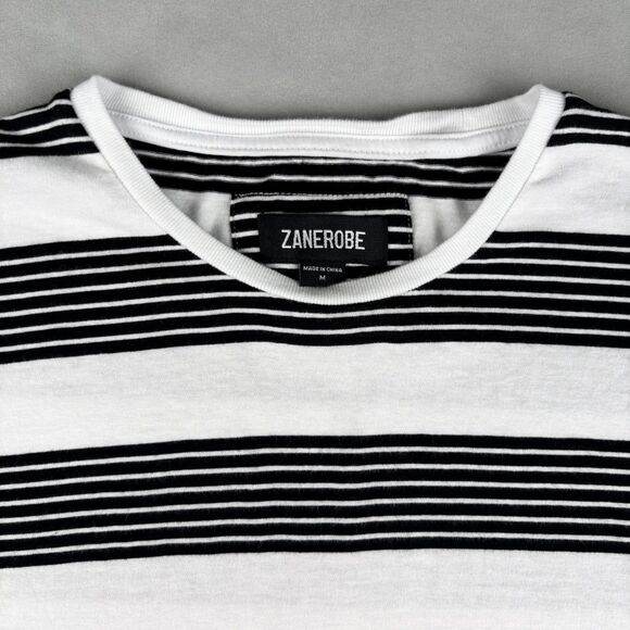 Zanerobe Shirt Mens M White Black Striped Crewneck Casual Cotton Long‎ Tee GUC - Picture 5 of 9